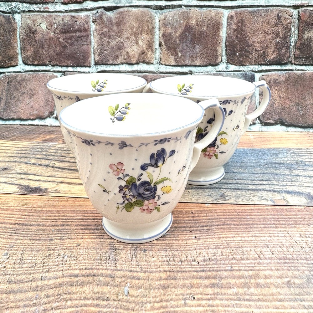 Vintage Nikko Blue Peony Footed Tea Cups Set Of 3 Porcelain Japan Shabby Chic
